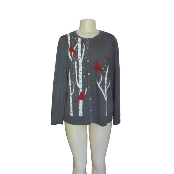 New w Tags, Christopher & Banks Gray Cardinal Birds Cardigan SZ M - Picture 1 of 5